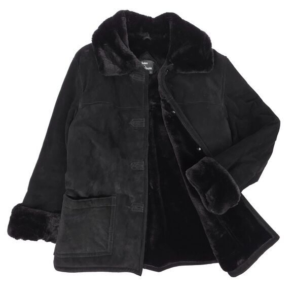 VINTAGE Suede Leather Penny Lane Coat Faux Fur 70s Afghan Western Boho Black - Picture 1 of 9